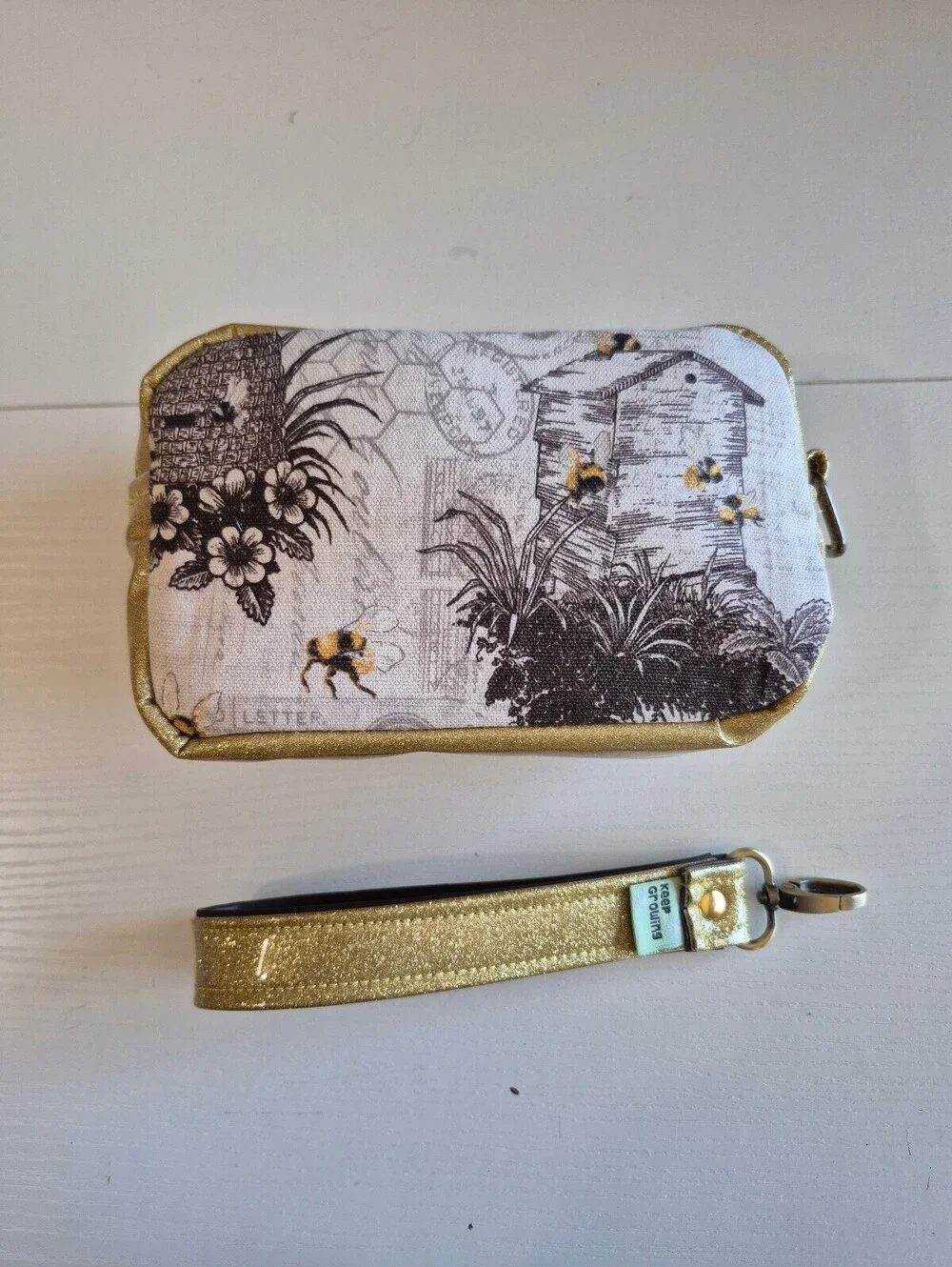 Honeybee hive and glitter gold gusset wristlet or clutch